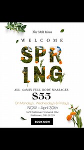 Mondays, Wednesdays & Fridays just got BETTER! 🌸Spring is calling—and it’s saying “$55 massages!” 🌺Get a 60-min full body massage for just $55 🌷Every Monday, Wednesday & Friday through April 30th Let the season melt your stress away at The Melt Haus. Book now before spots fill up! #TheMeltHaus #SpringSale #MassageTherapy #SelfCareSeason #BaltimoreWellness | Sharease Mills