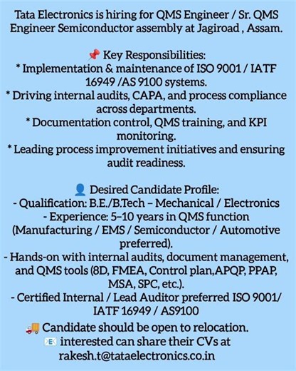 tata electronics mein engineer job vacancy 2025. tata electronics job vacancy 2025. b tech jobs.