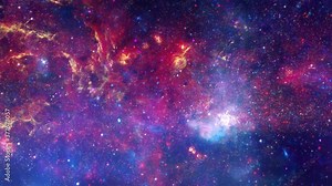 Camera flying through the clouds and star field in outer space.