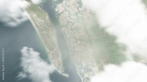Earth zoom in from space to Maungdaw, Myanmar. Followed by zoom out through clouds and atmosphere into space. Satellite view. Travel intro. Images from NASA