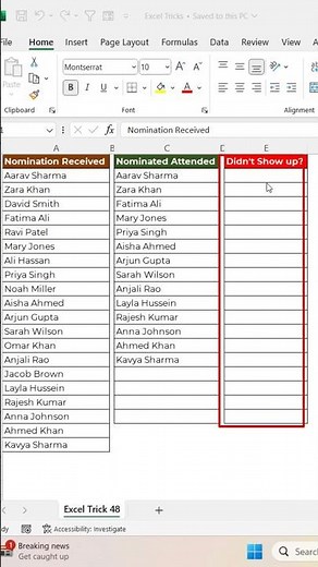Excel Trick 48 - How to compare two lists and find the missing entries #shorts #exceltricks