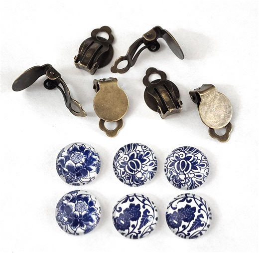 Clip on Earring Making Kit, Bronze Findings With Blue White Glass Cabochon, Non Pierced DIY Earring Set- 3 Pairs - Etsy Australia