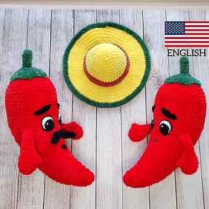 CROCHET PATTERN Hot Chili Pepper in Sombrero Hat, Amigurumi Mexican Pepper With Eyes, Mustache and Hands, Plush Crochet Toy - Etsy