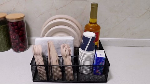 Metal Paper Plate Organizer & Utensil Holder for Countertop, Silverware Caddy Cutlery Flatware Organizer for Plastic Cup Forks Spoon Napkins, Paper Plate Holder for Picnic Camping Party