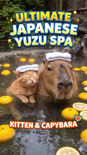 The Ultimate Spa Day: Capybara & Kitten Yuzu Onsen ♨️🐈 #shorts