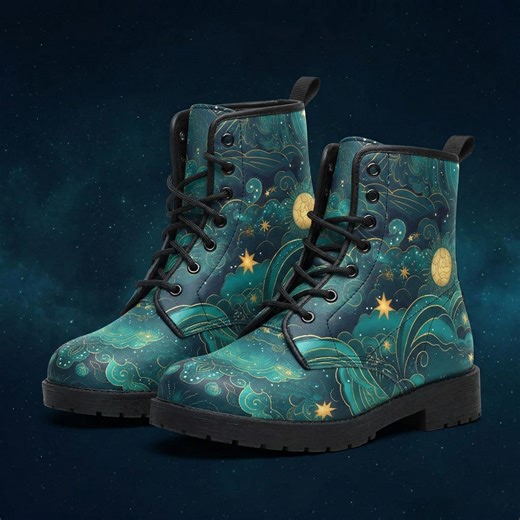 Teal Cosmic Clouds & Golden Stars Vegan Leather Combat Boots: Celestial Witchy Gift - Etsy