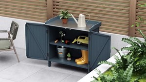 HABAU Outdoor Storage Cabinet with Potting Bench & Metal Tabletop, Wooden Planting Workstation for Garden Patio, Weatherproof