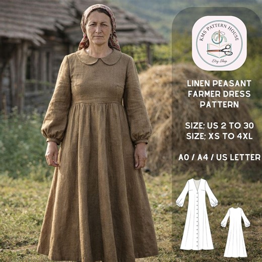 Linen Peasant Dress Pattern, Historical Farmer Costume, Cottagecore Folk Sewing (PDF) - Etsy