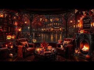 Enchanted Halloween Fall Jazz Café 🎃 | Rainy Window, Warm Fireplace & Smooth Jazz for Sleep, Work