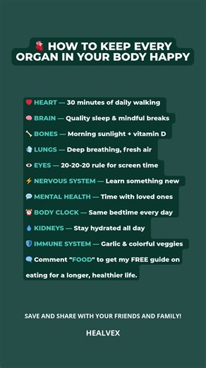 ❤️ Your organs have requirements. Meet them or watch them fail. Here's what each organ needs to stay functional: ❤️ Heart → 30 minutes of daily walking. Strengthens cardiac muscle and improves circulation. 🧠 Brain → Quality sleep & mindful breaks. Your brain clears toxins and consolidates memory during deep sleep. 🦴 Bones → Weight-bearing exercise. Stress on bones triggers calcium deposition and prevents osteoporosis. 🫁 Lungs → Deep breathing, fresh air. Expands lung capacity and clears trapp