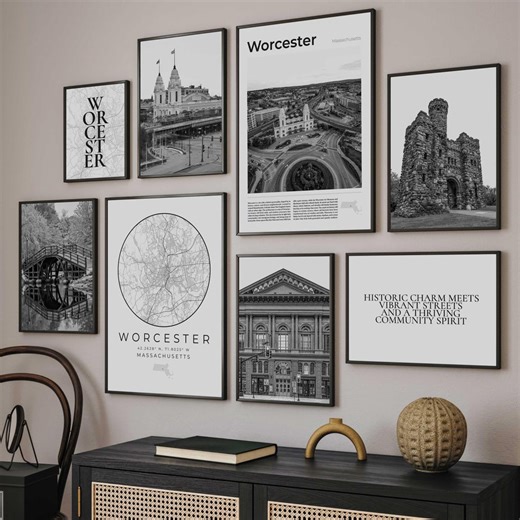 Digital Worcester Print Set of 8, Massachusetts Wall Art Photo Artwork, Black and White Map Decor, Worcester MA Travel Poster Printable Gift - Etsy