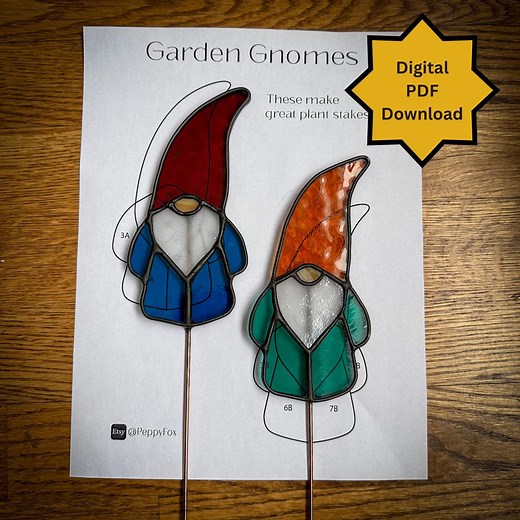 Stained Glass Pattern - DIGITAL FILE (pdf Png)- Gnome Garden/plant Stakes - Beginner/easy Suncatcher Template - Hobby and Commercial License - Etsy