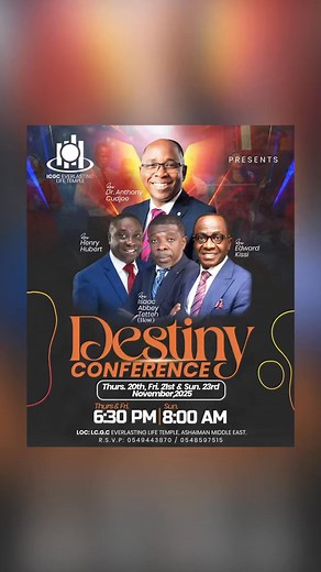 Destiny Conference is finally here! Join us this Thursday & Friday at 6:30pm and Sunday at 8:00am. Don’t miss what God is set to do | ICGC Everlasting Life Temple