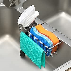 3-in-1 Sponge Holder for Kitchen Sink, Movable Sponge Holder + Brush Holder + Dish Cloth Hanger, Hanging Caddy, Small in Sink Organizer Accessories Rack Basket, 304 Stainless Steel, Never Rust
