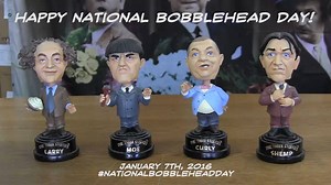 Nyuk! Nyuk! Nyuk! What do you know? It's #NationalBobbleheadDay! The Boys have something to say about that! (Except Shemp. His bobblehead doesn't talk.) | The Three Stooges