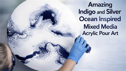 Amazing indigo and silver ocean inspired mixed media acrylic pour art