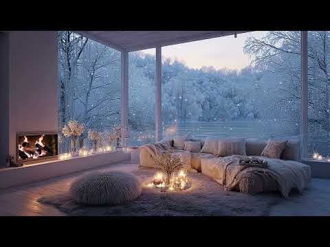 Winter Snow Wind Ambience with Cozy Fireplace Crackles in Warm Candle-Lit Cabin Living Room Retreat
