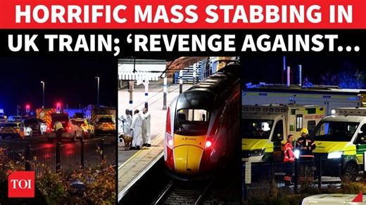 'I've been stabbed': man with large knife goes on rampage inside London-bound train Terror and chaos on a UK train. Nearly a dozen passengers were left bleeding after a horrific mass stabbing on a London-bound train near Huntingdon, Cambridgeshire. Eyewitnesses described a scene of panic as a man armed with a large knife rampaged through multiple carriages, leaving “blood everywhere.” According to police, at least 10 people were injured, nine of them critically, after the train left Peterborough