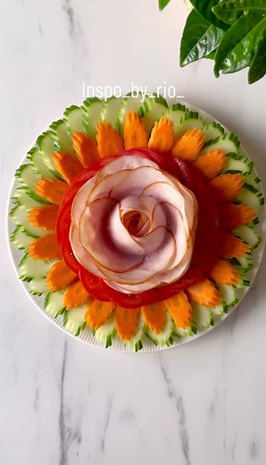 Plating idea🌹 There is a video shows how to cut the cucumber and carrot this way🥒🥕 Save and share with your friends 🥰 Wishing you a nice and peaceful day🤍 Inspo_by_rio 💕 #veggies #foodstyling #saladideas #foodinspiration #tutorial #saladdecoration #foryourpage #foryou #fördig #tiktoksvergie