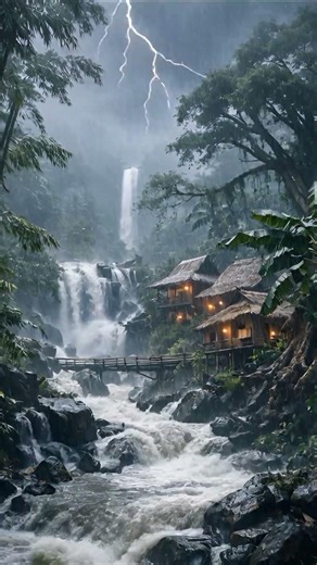 Thunderstorm Rain in Jungle Waterfall 🌧️⚡ | Cozy Cabin Ambience for Deep Sleep | ASMR Nature Sounds