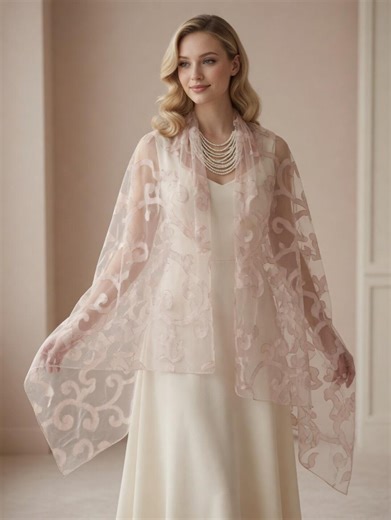 Blush Pink Sheer Scroll Pattern Shawl Wrap – Elegant Evening Scarf, Bridal Cover Up - Etsy