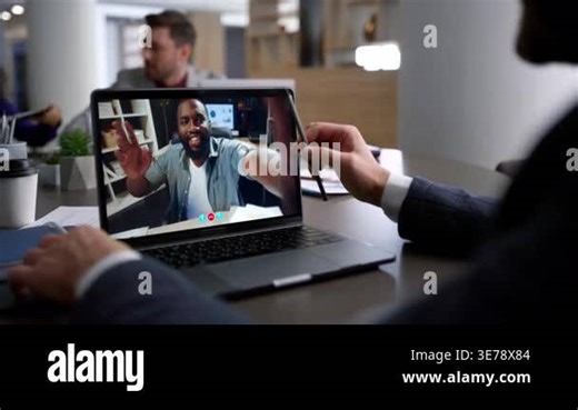 Smiling coach greeting at webcam laptop having virtual meeting with unknown businessman close up. Rich ceo video calling african american man partner. Colleagues talking remotely in coworking office Stock Video Footage - Alamy