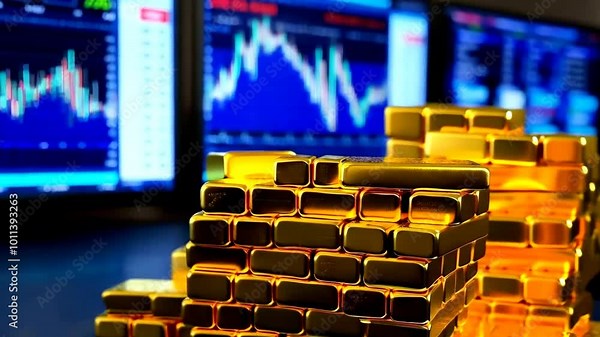 Stacks of gold bars with upward-trending business graphs, symbolizing the boom of digital gold markets