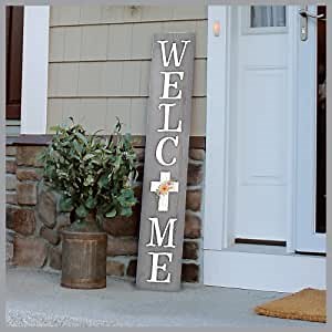 My Word! Welcome Cross Welcome Sign and porch leaner for Front Door, Porch, Yard, Deck, Patio, or Wall - Indoor Outdoor Decorative Farmhouse Rustic Vertical Home Decor – 8”x46.5”