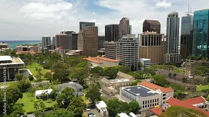 Cinematic 4K drone footage of the Honolulu City Hall, Hawaii State Capitol and downtown Honolulu, a Pacific Island tourist destination on Oahu island in Hawaii known for its surfing and beaches Stock Video