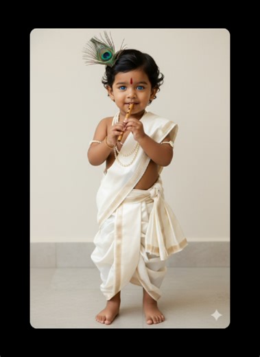 baby image gen 01 Gemini Prompt ❤️ “Ultra‑realistic full‑body portrait of a small Indian child dressed as little Krishna, soft curly black hair, big expressive blue eyes, peacock feather in hair, red tilak on forehead, wrapped in elegant off‑white draped dhoti and shawl, pearl armlet and necklace, standing barefoot against a plain light wall, holding a wooden flute in one hand, soft diffused daylight, high detail, shallow depth of field, 4K.”100% Face. #geminiaipro #aiprompt #prompt #geminiaipho