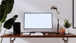 Mock up office table desk. blank computer screen in office modern...