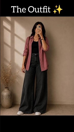 Effortless Everyday Style 🌸 | Pink Overshirt + Black Tank Top + Wide Leg Jeans Outfit Ideas #shorts