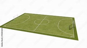 visualization of a mini soccer, mini football, futsal court with green artificial turf. realistic video rendering with a white background
