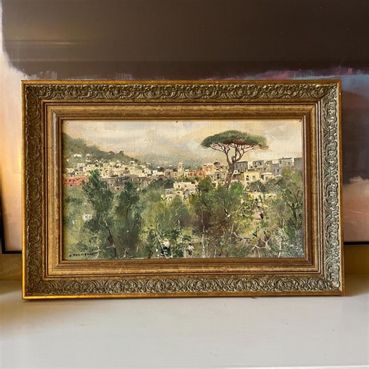 Vintage Signed Oil Painting, Mediterranean Village Landscape, Framed Hillside Harvest Scene - Etsy