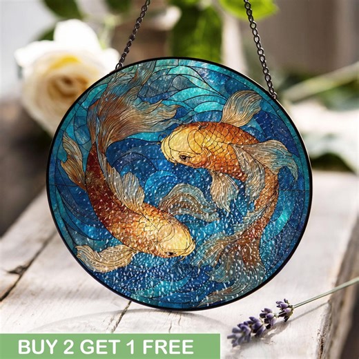 Vibrant Koi Fish Stained Glass Panel, Aquatic Ocean Themed Stained Glass Art, Unique Housewarming Gift, Colorful Glass Sun Catcher, Gift. - Etsy