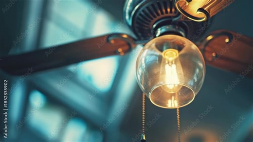 Close-up of a classic Edison light bulb hanging from a ceiling fan blade. The bulb's filament is clearly visible.