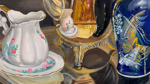 Old Tradition of Classical Realism techniques employed in My 1983 PRIZE WINNER in Annual International Art Competition including all the States in the Union all the provinces of Canada & many foreign countries sponsored by Art Instruction Schools of Minneapolis, Minnesota. MY 3rd WIN out of total 9 Winning entries. Winners were posted in “The Illustrator” magazine in the US. This is my own original artwork & composition I set up at home using kitchen utensils & painted it live. A Vintage of a Fi