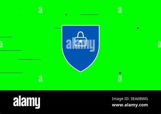 An animated blue shield icon with a central padlock symbol representing cybersecurity and data protection against a bright green screen background Stock Video Footage - Alamy