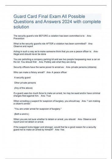 Guard Card Final Exam All Possible Questions and Answers 2024 with complete solution