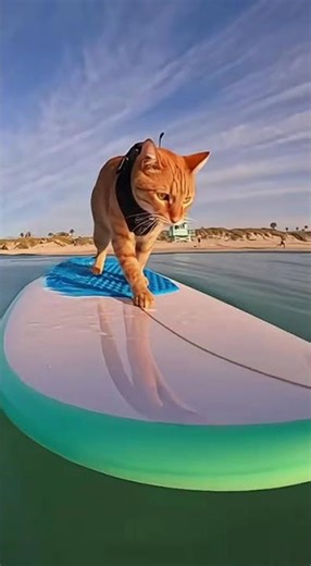 Ginger Cat Balances on Surfboard in Ocean! 🏄‍♂️🌊 #cat #surfing