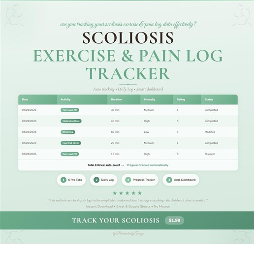 Scoliosis Exercise & Pain Log Spreadsheet Tracker Health Wellness Google Sheets Excel Digital Download - Etsy