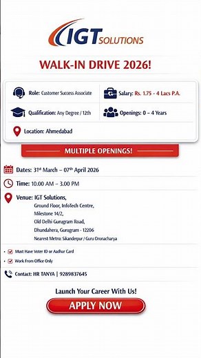 IGT Solutions Walk-in Drive 2026 🚨 Freshers & Any Graduate Apply Now