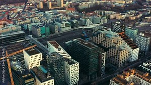 Downtown Oslo, Norway. High quality 4K aerial footage. City of Oslo, tall buildings, streets and railway visible. Filmed with DJI Mavic 2 Pro drone. Exported in Prores 422.