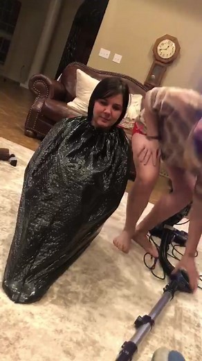 Here’s pt2! WAIT TIL END! 😂 #mitchellsisters #trashbagchallenge #vacuumchallenge #claustrophobic