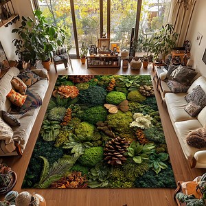 Cottagecore Moss Area Rug | Washable Wildflower Botanical Carpet - Etsy