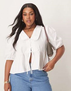 Nobody's Child Plus Poppy collared puff sleeve blouse in white | ASOS