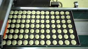 Cookies production line (sweet and salty cookies) in a factory. A chef smears unbaked cookies with egg yolk and garnish with sesame seeds and nigella sativa. 4K Video Food factory production concept.