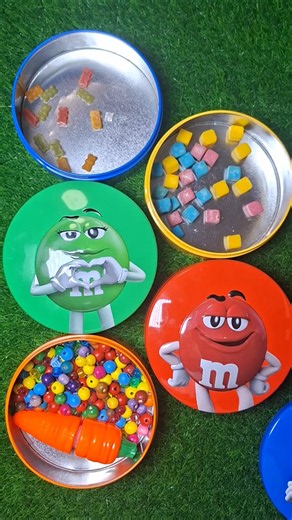 Satisfying with Rainbow M&M'S Candy Unpacking From Glossy Containers ASMR Beads Surprise