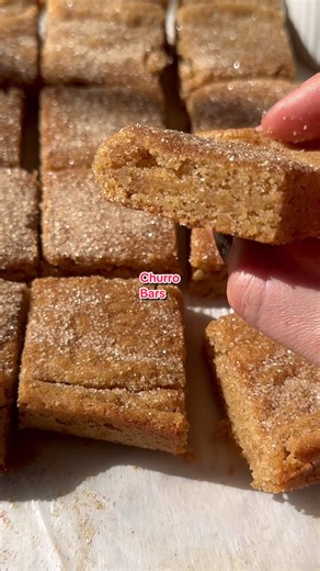 Easy churro BARS! Soft, chewy, and full of that scrumptious melt in your mouth cinnamon sugar flavor. ½ cup butter, melted ¾ cup sugar 1 egg 1 tsp vanilla 1 cup all-purpose flour 1 tsp cinnamon ½ tsp baking powder ¼ tsp salt For the topping: 2 Tbsp butter, melted ¼ cup sugar 1 ½ tsp cinnamon Preheat oven to 350. In a mixing bowl, whisk together melted butter & sugar until smooth. Whisk in the egg & vanilla until combined. Add flour, baking powder, & salt. Whisk until just combined, don’t overmix