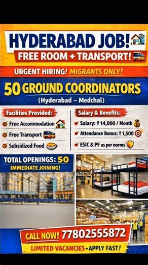 Room + Food + Transport FREE 🏠🍽️🚌 | Hyderabad Job #job #jobalert